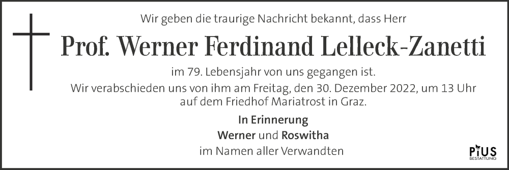  Traueranzeige für Werner Ferdinand Lelleck-Zanetti vom 28.12.2022 aus Kleine Zeitung