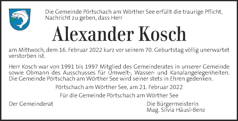  Traueranzeige für Alexander Kosch vom 23.02.2022 aus Kleine Zeitung