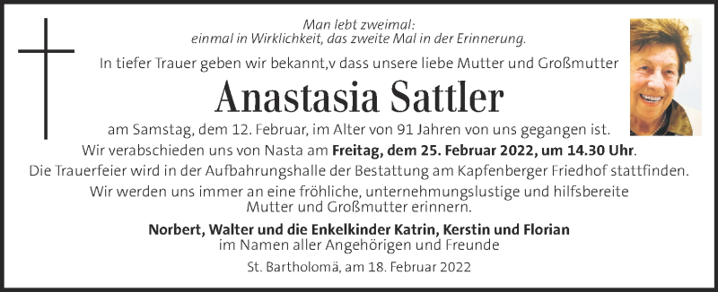  Traueranzeige für Anastasia Sattler vom 22.02.2022 aus Kleine Zeitung