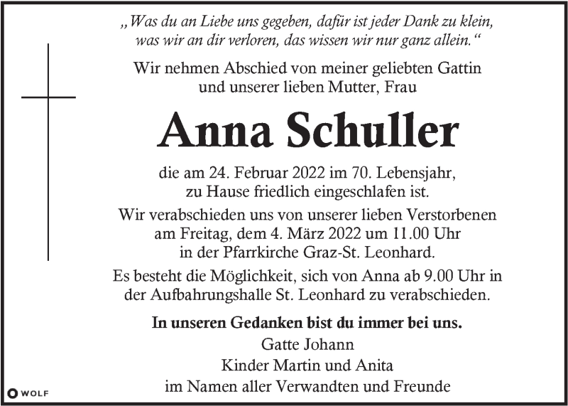  Traueranzeige für Anna Schuller vom 01.03.2022 aus Kleine Zeitung