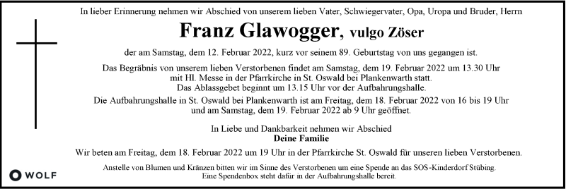  Traueranzeige für Franz Glawogger vom 16.02.2022 aus Kleine Zeitung
