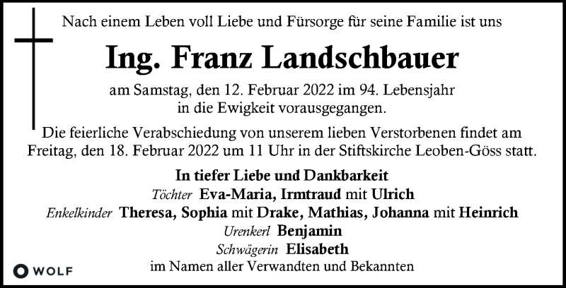  Traueranzeige für Franz Landschbauer vom 16.02.2022 aus Kleine Zeitung