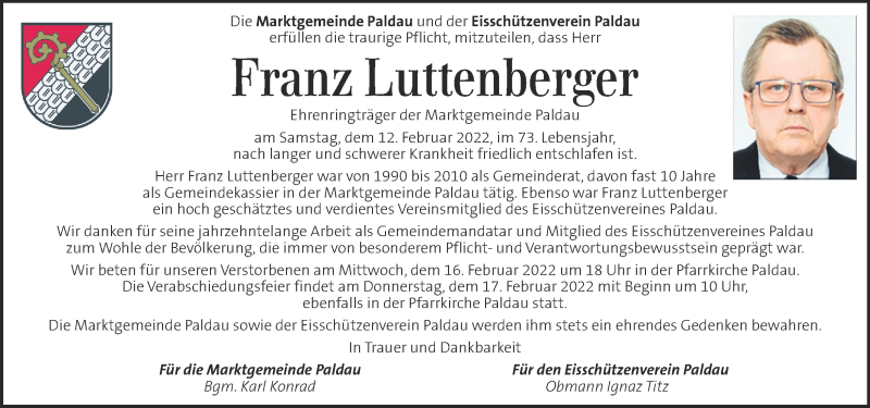  Traueranzeige für Franz Luttenberger vom 16.02.2022 aus Kleine Zeitung
