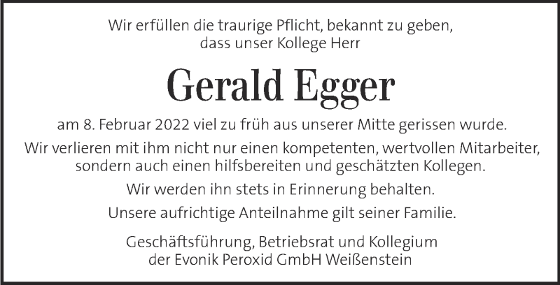  Traueranzeige für Gerald Egger vom 12.02.2022 aus Kleine Zeitung