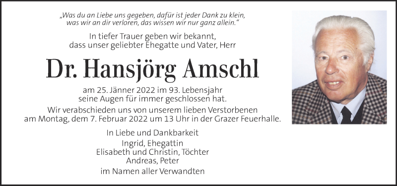  Traueranzeige für Hansjörg Amschl vom 03.02.2022 aus Kleine Zeitung