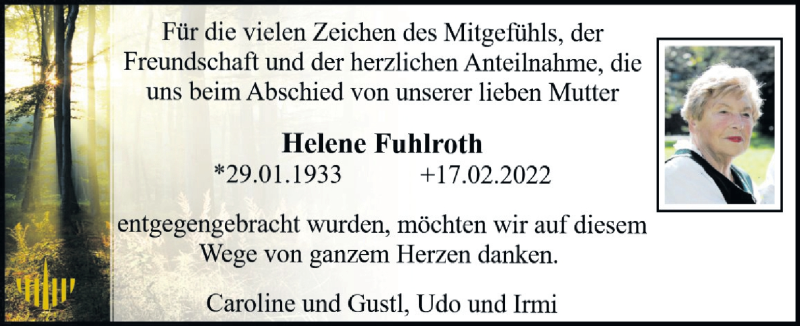  Traueranzeige für Helene Fuhlroth vom 27.02.2022 aus Kleine Zeitung