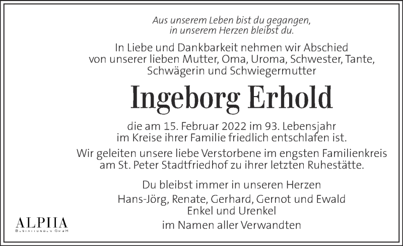  Traueranzeige für Ingeborg Erhold vom 25.02.2022 aus Kleine Zeitung