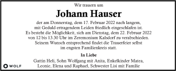 Traueranzeige von Johann Hauser  von Kleine Zeitung