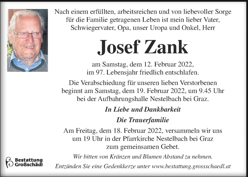  Traueranzeige für Josef Zank vom 16.02.2022 aus Kleine Zeitung