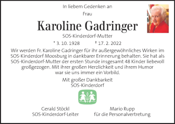Traueranzeige von Karoline Gadringer von Kleine Zeitung