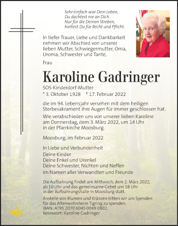 Traueranzeige von Karoline Gadringer von Kleine Zeitung