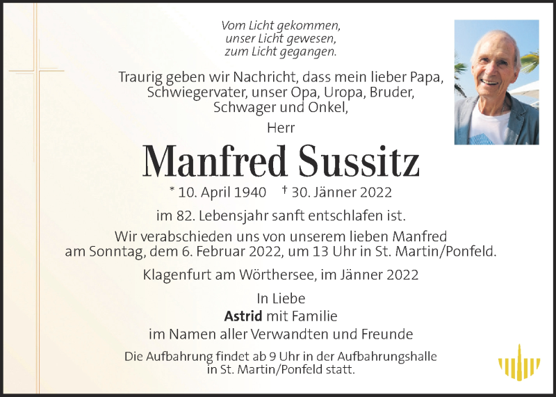  Traueranzeige für Manfred Sussitz vom 03.02.2022 aus Kleine Zeitung