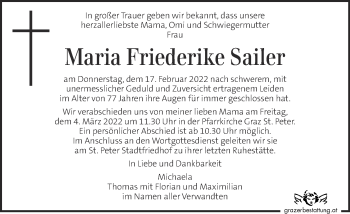 Traueranzeige von Maria Friederike Sailer von Kleine Zeitung