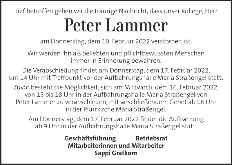  Traueranzeige für Peter Lammer vom 15.02.2022 aus Kleine Zeitung