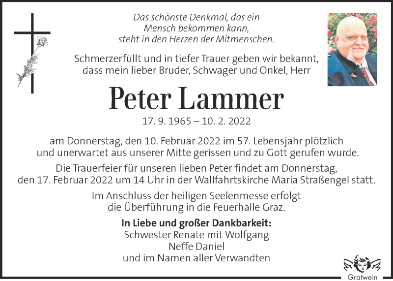  Traueranzeige für Peter Lammer vom 15.02.2022 aus Kleine Zeitung