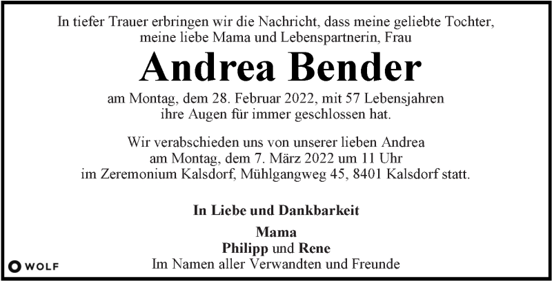  Traueranzeige für Andrea Bender vom 04.03.2022 aus Kleine Zeitung