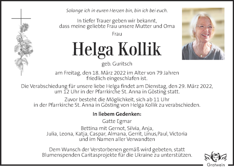  Traueranzeige für Helga Kollik vom 24.03.2022 aus Kleine Zeitung