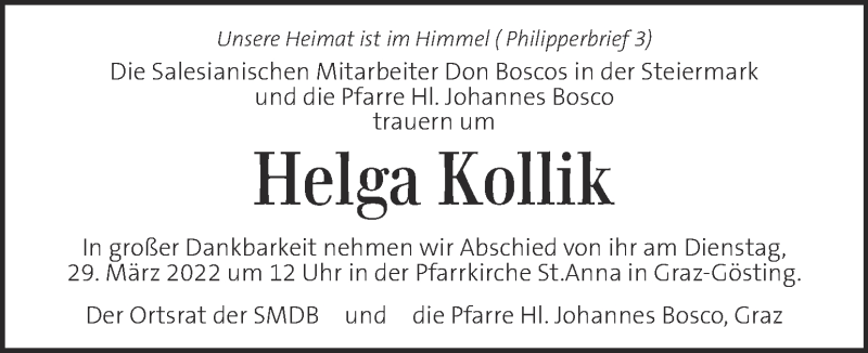  Traueranzeige für Helga Kollik vom 27.03.2022 aus Kleine Zeitung