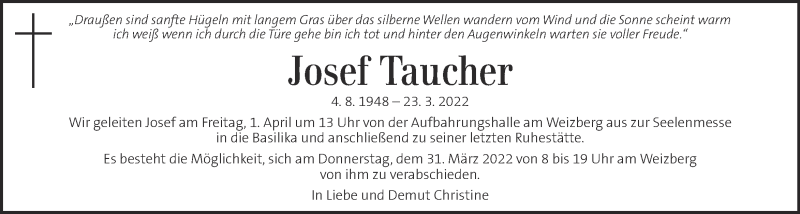  Traueranzeige für Josef Taucher vom 29.03.2022 aus Kleine Zeitung