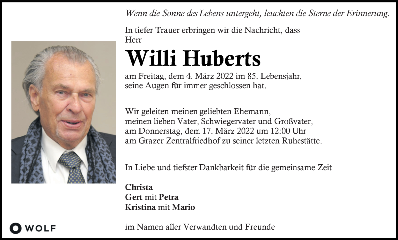  Traueranzeige für Willi Huberts vom 09.03.2022 aus Kleine Zeitung