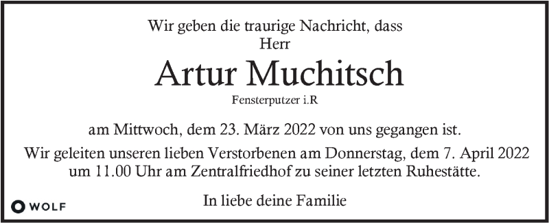  Traueranzeige für Artur Muchitsch vom 03.04.2022 aus Kleine Zeitung