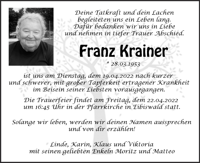  Traueranzeige für Franz Krainer vom 21.04.2022 aus Kleine Zeitung