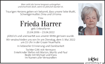 Traueranzeige von Frieda Harrer von Kleine Zeitung