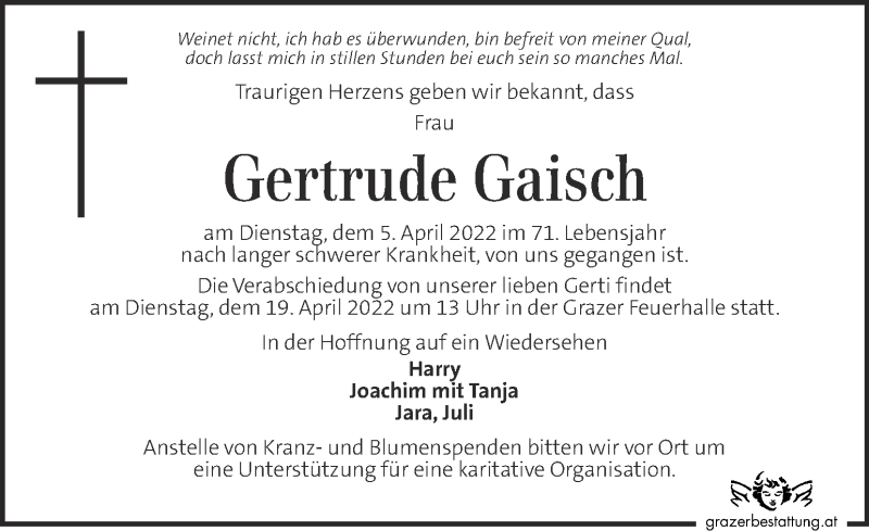  Traueranzeige für Gertrude Gaisch vom 14.04.2022 aus Kleine Zeitung