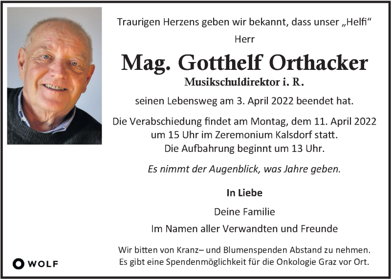  Traueranzeige für Gotthelf Orthacker  vom 09.04.2022 aus Kleine Zeitung