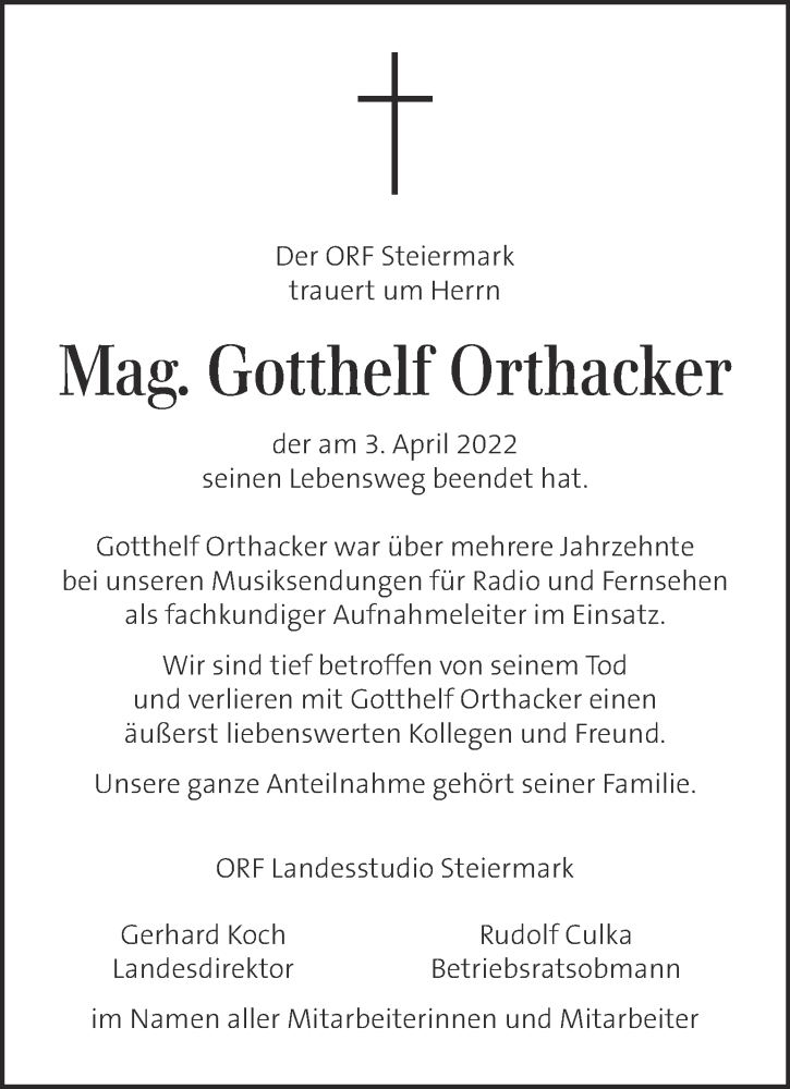  Traueranzeige für Gotthelf Orthacker  vom 09.04.2022 aus Kleine Zeitung