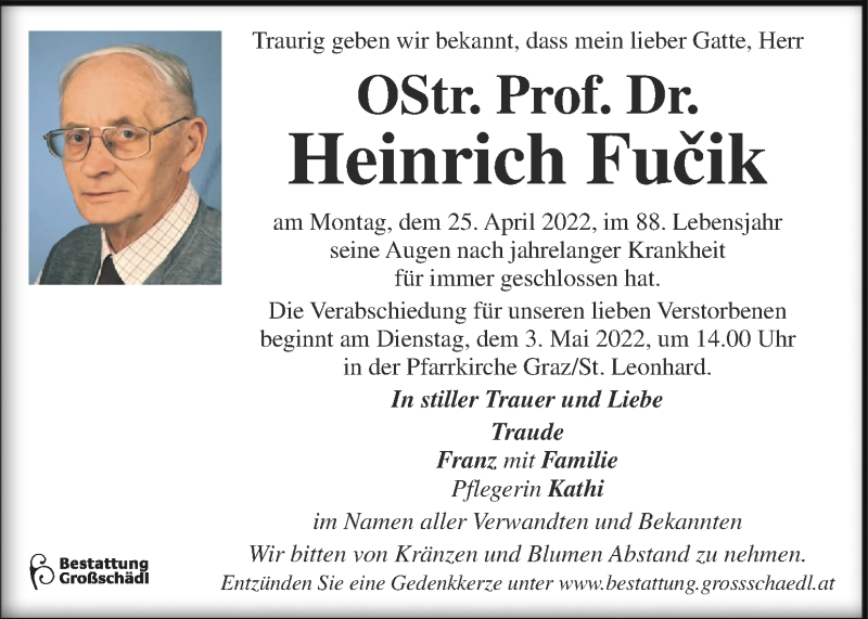  Traueranzeige für Heinrich Fucik vom 27.04.2022 aus Kleine Zeitung