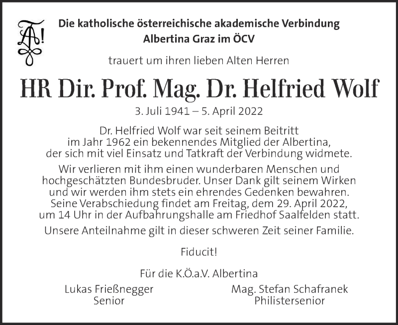 Traueranzeige für Helfried Wolf vom 22.04.2022 aus Kleine Zeitung