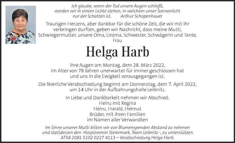  Traueranzeige für Helga Harb vom 03.04.2022 aus Kleine Zeitung