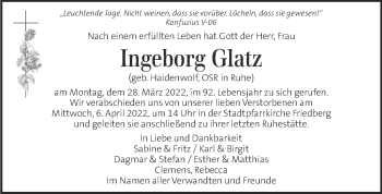 Traueranzeige von Ingeborg Glatz von Kleine Zeitung