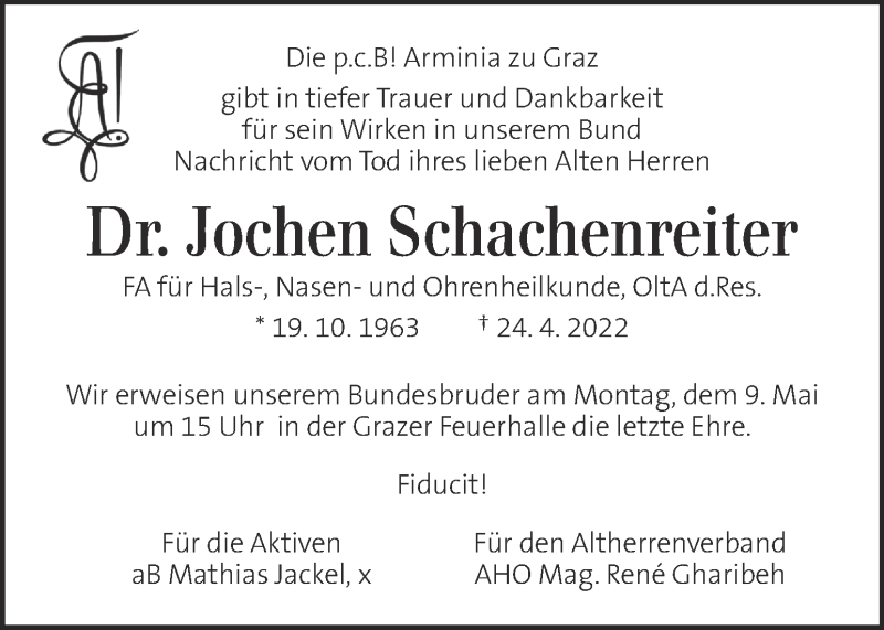  Traueranzeige für Jochen Schachenreiter vom 01.05.2022 aus Kleine Zeitung