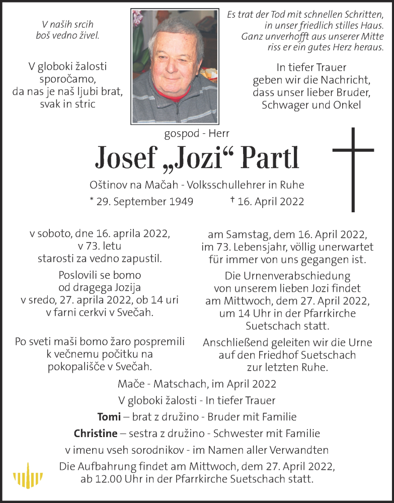  Traueranzeige für Josef Partl vom 24.04.2022 aus Kleine Zeitung