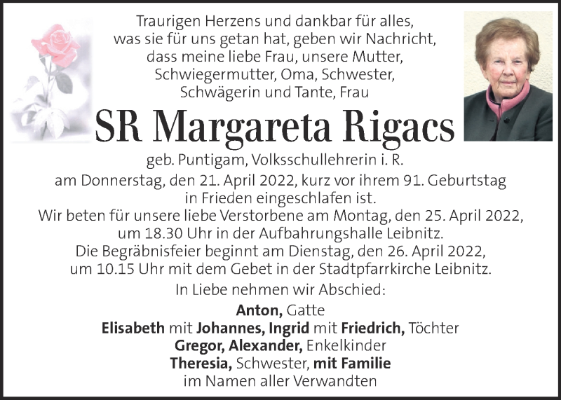  Traueranzeige für Margareta Rigacs vom 24.04.2022 aus Kleine Zeitung