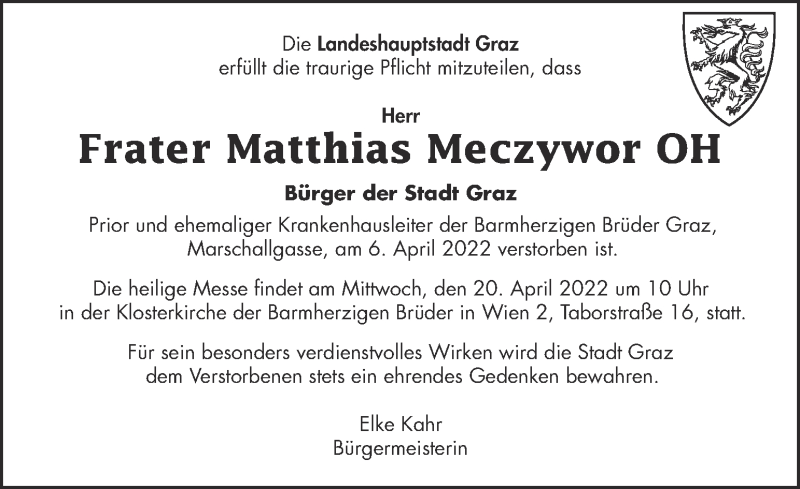  Traueranzeige für Matthias Meczywor  vom 17.04.2022 aus Kleine Zeitung