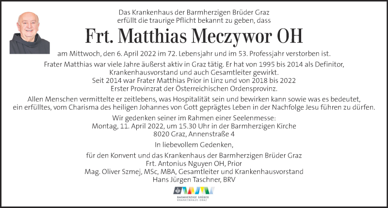  Traueranzeige für Matthias Meczywor  vom 10.04.2022 aus Kleine Zeitung