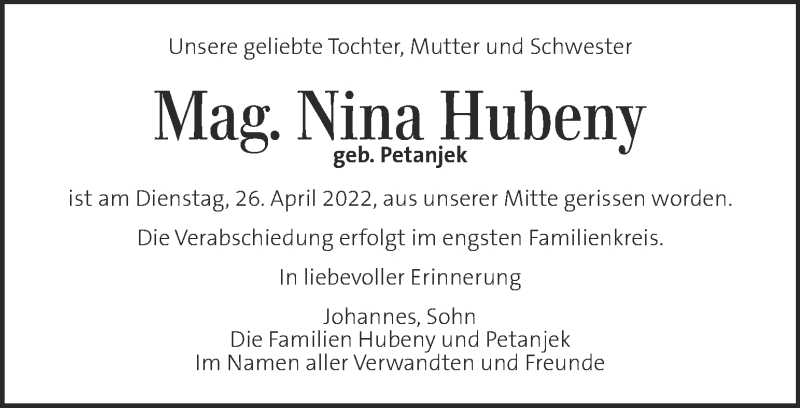  Traueranzeige für Nina Hubeny vom 28.04.2022 aus Kleine Zeitung
