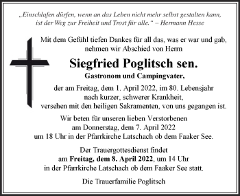 Traueranzeige von Siegfried Poglitsch von Kleine Zeitung