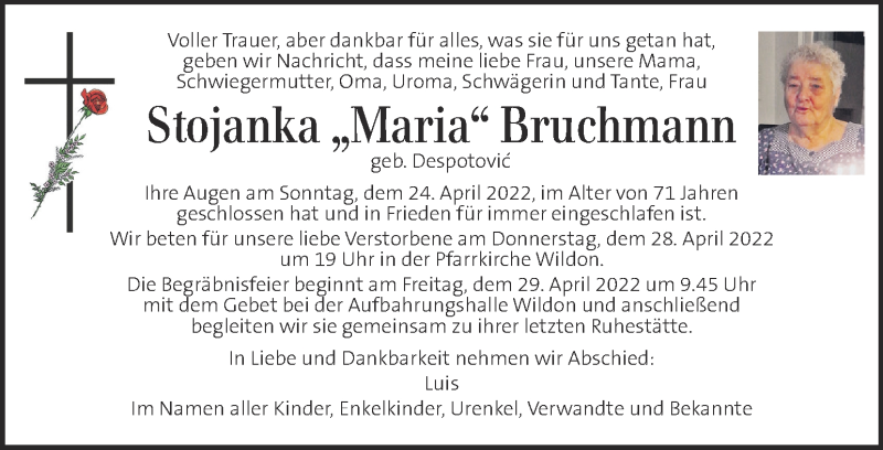  Traueranzeige für Stojanka Bruchmann vom 27.04.2022 aus Kleine Zeitung