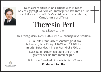 Traueranzeige von Theresia Perl von Kleine Zeitung