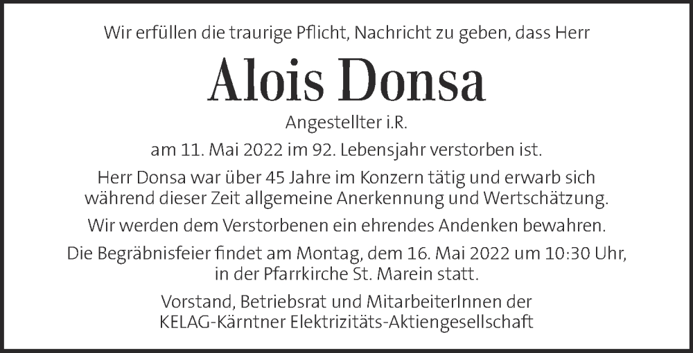  Traueranzeige für Alois Donsa vom 14.05.2022 aus Kleine Zeitung