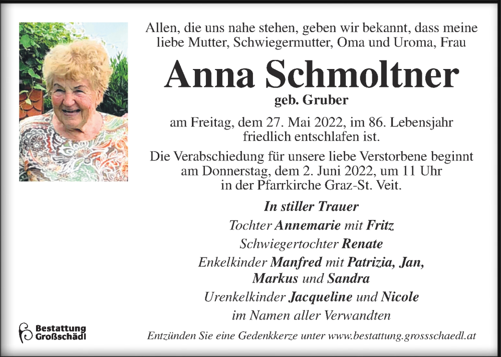  Traueranzeige für Anna Schmoltner vom 01.06.2022 aus Kleine Zeitung