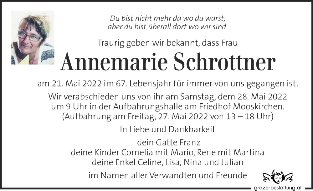  Traueranzeige für Annemarie Schrottner vom 25.05.2022 aus Kleine Zeitung