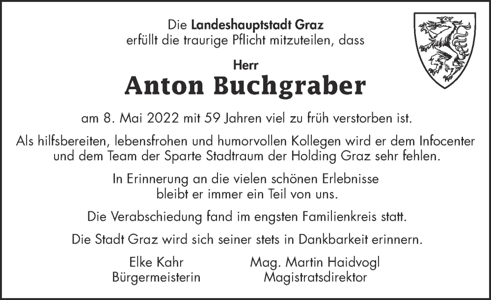  Traueranzeige für Anton Buchgraber vom 20.05.2022 aus Kleine Zeitung