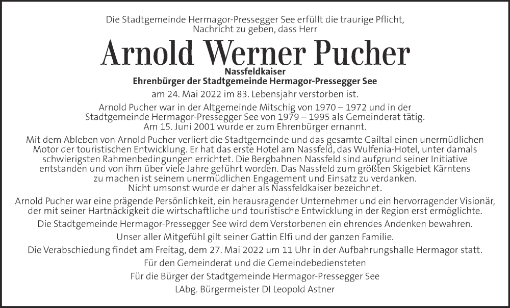  Traueranzeige für Arnold Werner Pucher vom 28.05.2022 aus Kleine Zeitung