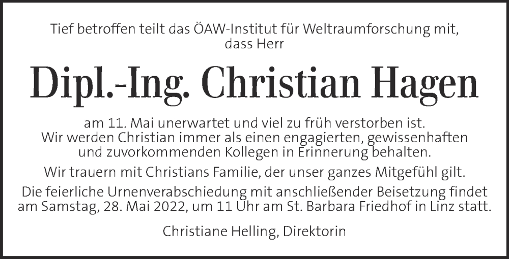  Traueranzeige für Christian Hagen vom 24.05.2022 aus Kleine Zeitung