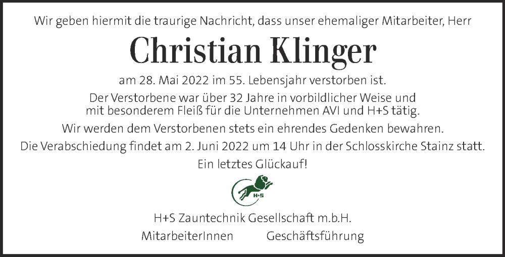  Traueranzeige für Christian Klinger vom 31.05.2022 aus Kleine Zeitung